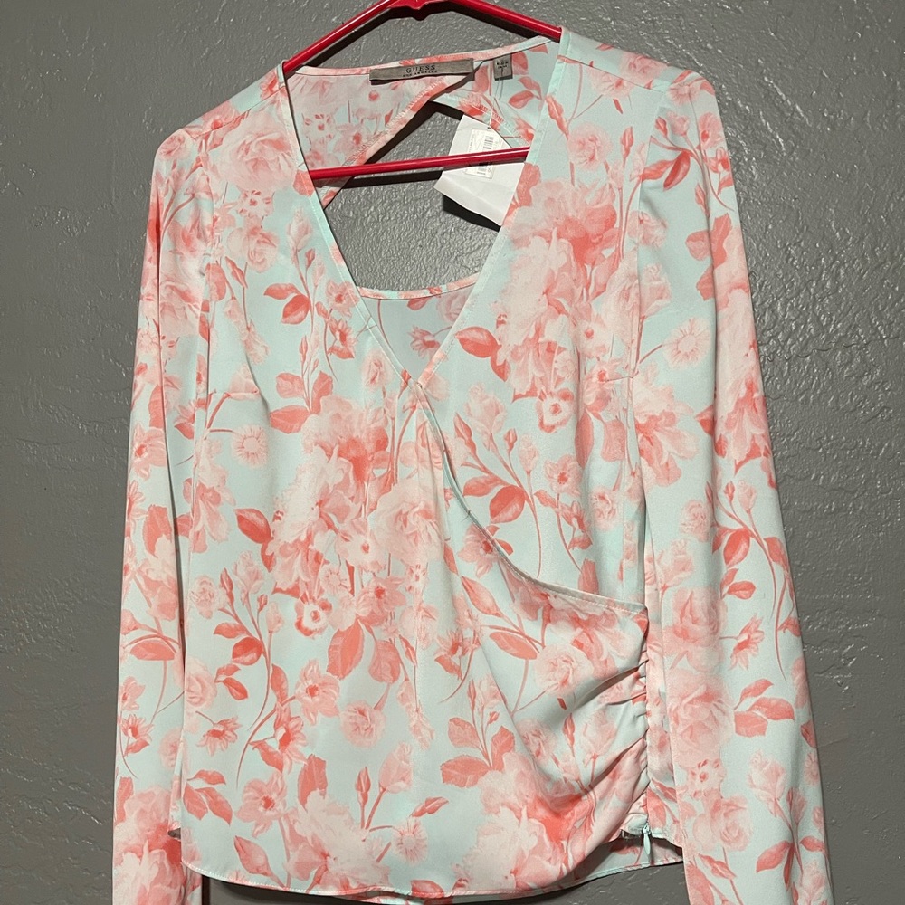 Guess Womens Pink White Blouse